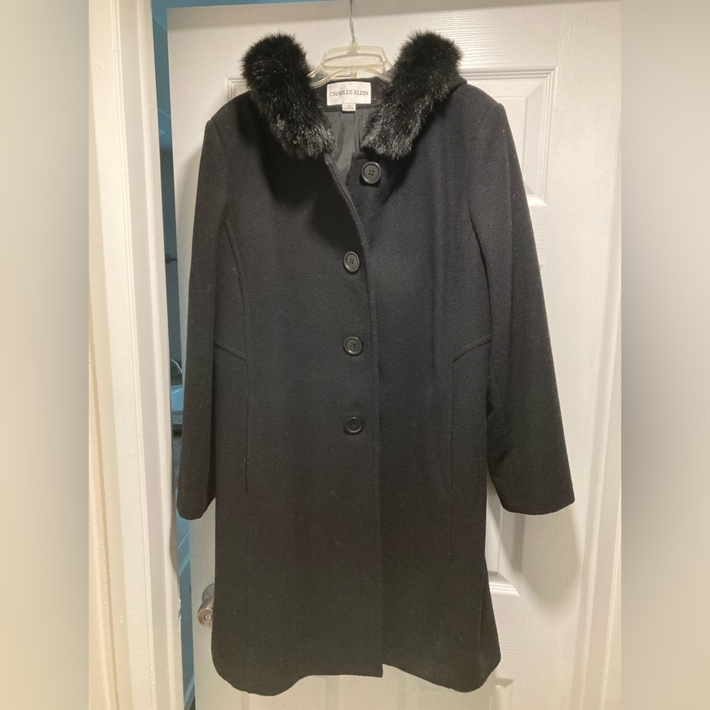 Charles Klein Below-Knee Dress Coat w/Hood - Size 16